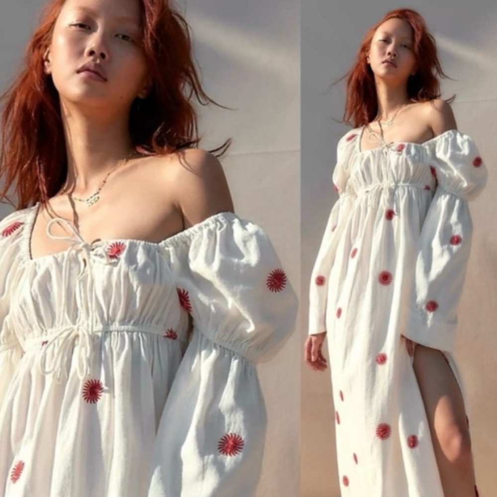 NWOT FREE PEOPLE Linen Blend Emory Embroidered Off Shoulder Prairie Midi Dress